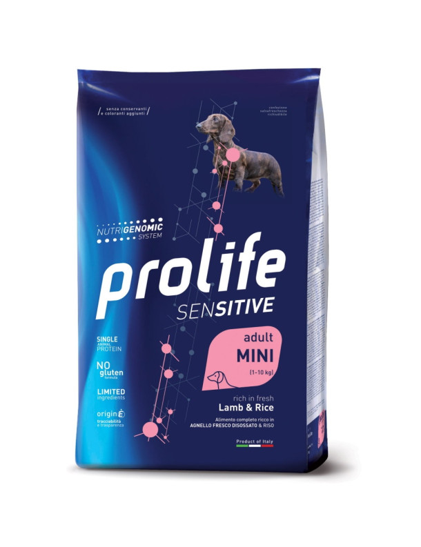 Sacco Prolife Sensitive Adult Mini Agnello e Riso crocchette cane taglia piccola