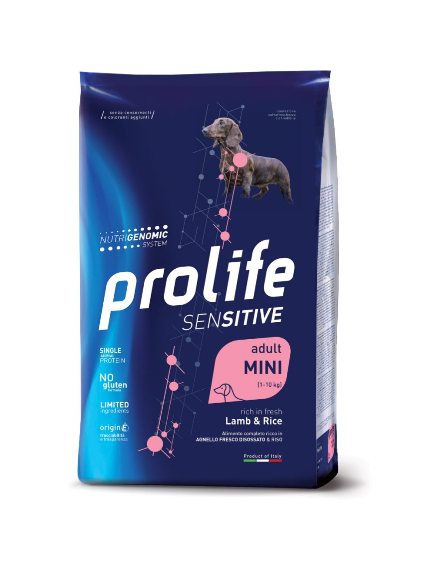 Sacco Prolife Sensitive Adult Mini Agnello e Riso crocchette cane taglia piccola